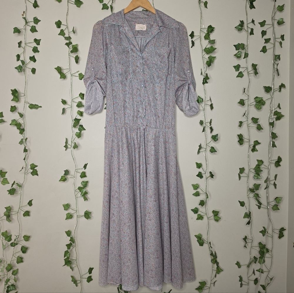 Vintage Blue Gray Chiffon Floral Maxi Dress with Button Front